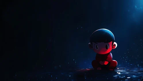 Lonely cartoon child in blue and red light at night.