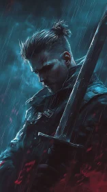 Sword-wielding male figure in rain with blue red lighting.