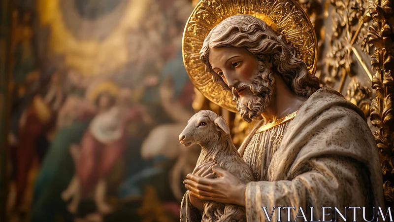 Carved religious figure with lamb stands before ornate backdrop