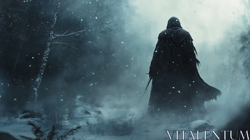 Hooded swordsman traversing blizzard-obscured conifer forest.