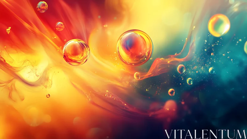 Luminous liquid orbs drift through fiery teal cosmos.