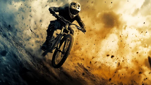 Mountain biker descending dirt slope with flying debris.