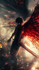 Digital painting of infernal winged warrior in dynamic flames.