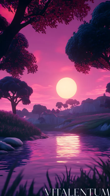 Stylized pink sunset over river in vibrant forest valley.