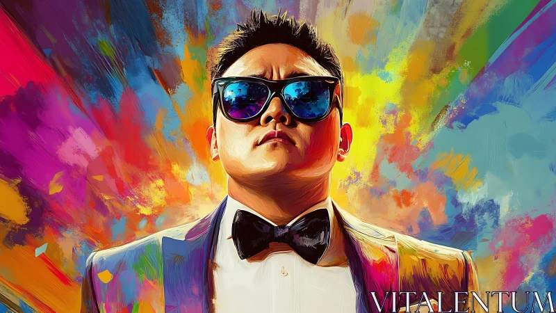 Confident portrait in bold rainbow color bursts of energy.