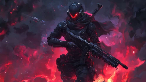 Tactical exosuit operative advancing through incendiary nebula field