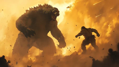 Giant reptilian beast confronting hulking ape in flames.