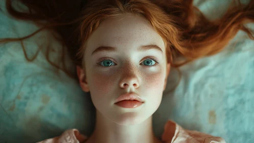 Red-haired girl lying on bed with calm, direct gaze.