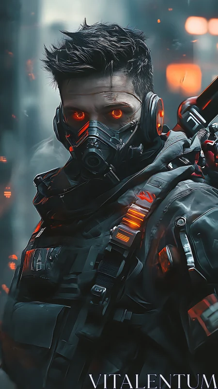Masked cyber soldier glares through neon-lit urban haze