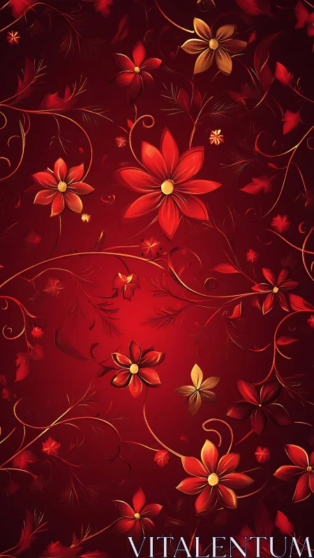 Red Floral Pattern: Golden Blossoms Against Crimson Background