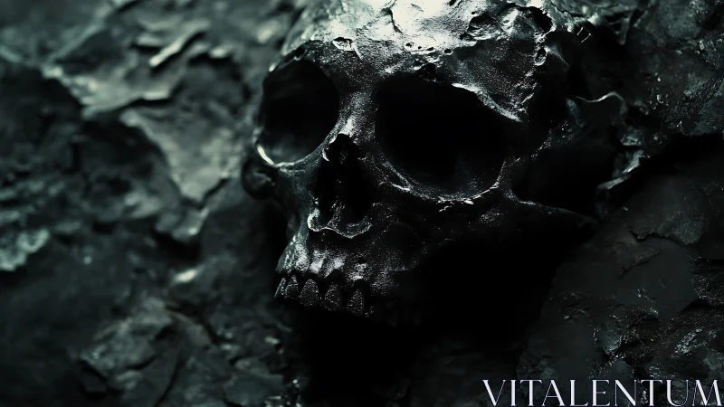 Human skull rests within dark textured surface under light