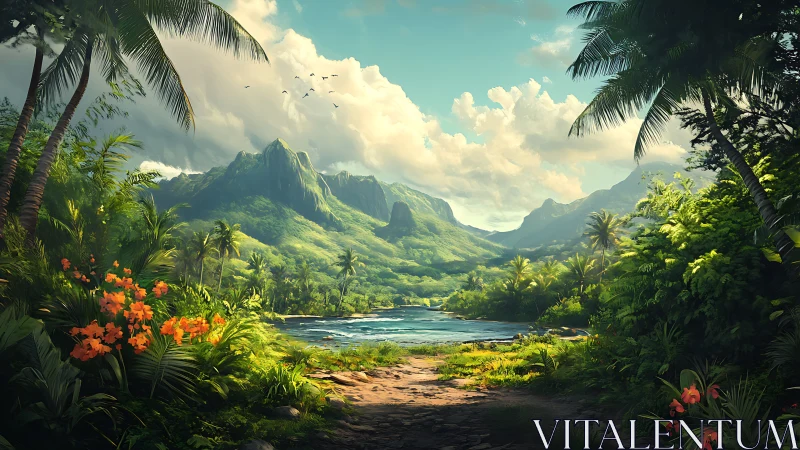 Tropical Valley Landscape: Mountain Vista with Lush Vegetation