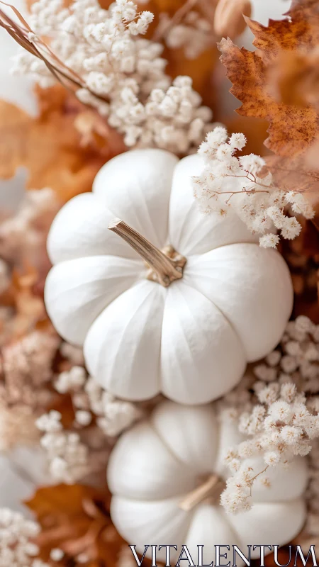 Snowy pumpkins lounging in a caramel harvest nest.