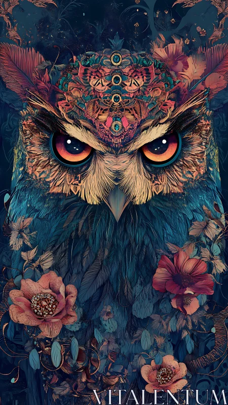 Intricate floral owl portrait renders mystical nocturnal gaze