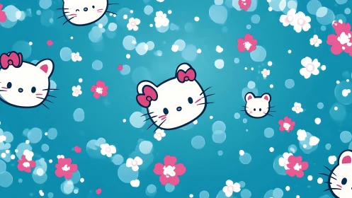 Cartoon cat faces with floral elements on teal background.