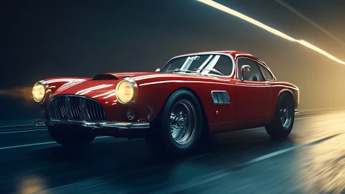 Classic red sports car glowing with motion and nostalgia.