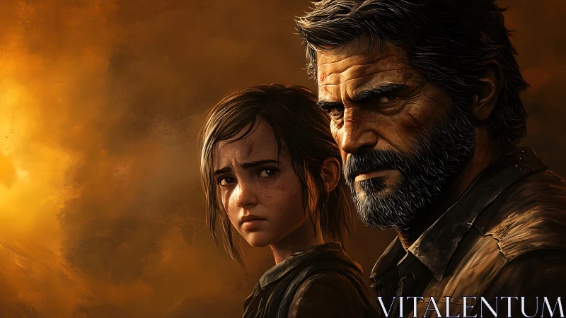 Two digitally rendered characters stand before an orange backdrop