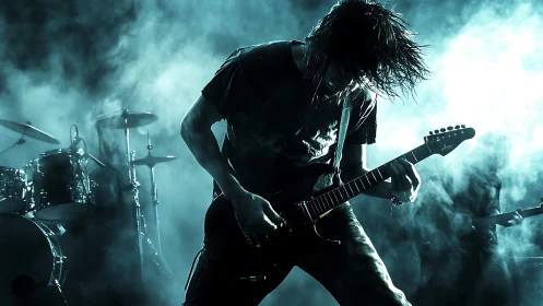 Electric guitarist performs on stage amid dense stage fog
