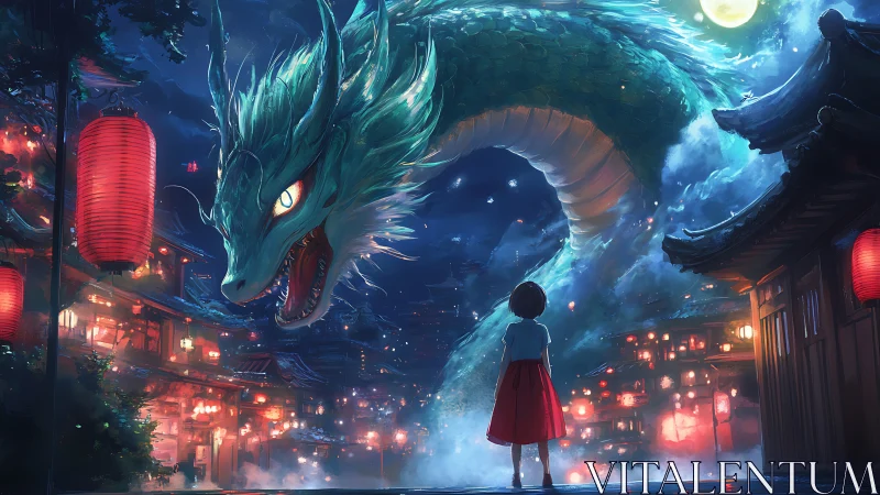 Girl confronts luminous dragon above lantern-lit night city