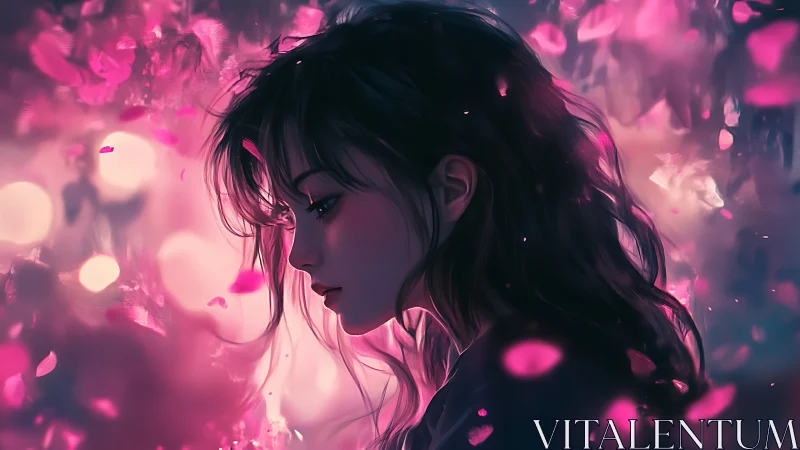 Melancholic girl in pink petals under twilight glow.