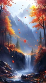 Mountain waterfall framed by autumn forest and mist.
