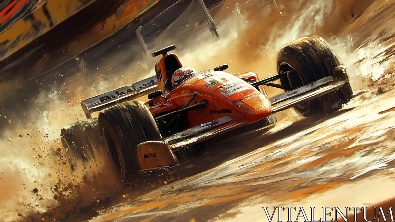 Single-seater race car drifting through saturated muddy spray