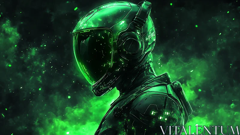 Profile view of green armored astronaut in glowing nebula.