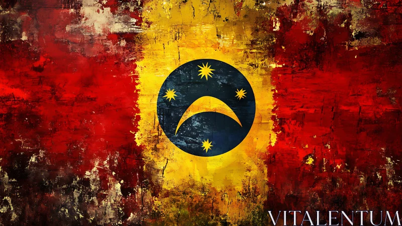 Abstract grunge flag with central blue emblem and stars.