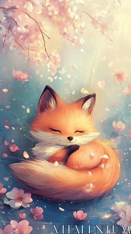 Sleeping fox curls among floating cherry blossom petals