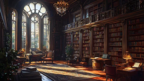 Sunlit grand library where old books quietly orchestrate time.