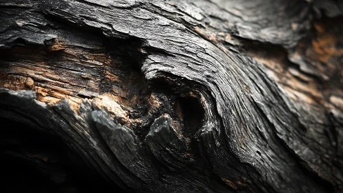Charred tree bark reveals swirling textures and deep voids.