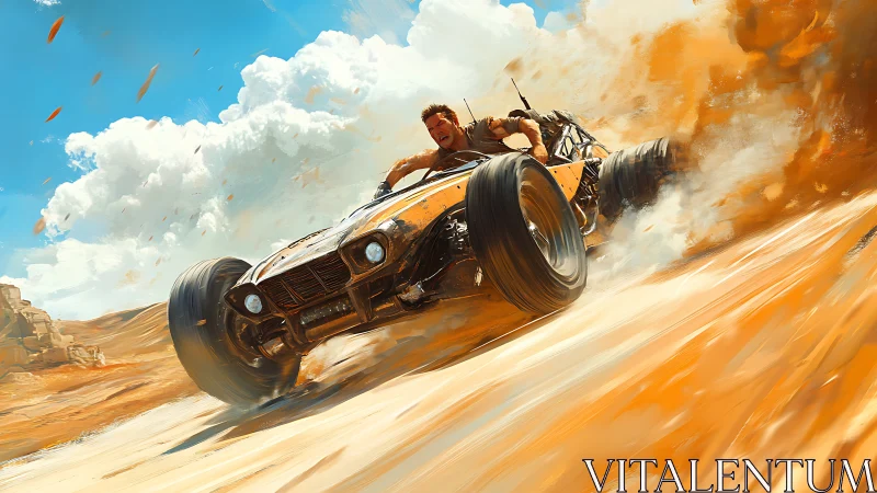 Desert fury buggy carves molten sand in a roaring drift.