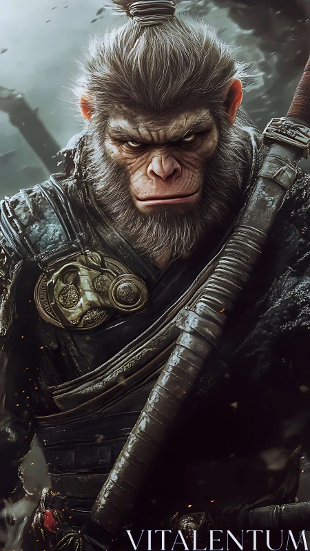Stoic warrior monkey stands armed in a stormy fantasy realm