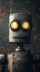 Weathered little robot gazes ahead with quiet curiosity