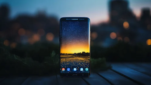 Samsung phone displaying starlit fields with golden sunset horizon and bokeh cityscape.