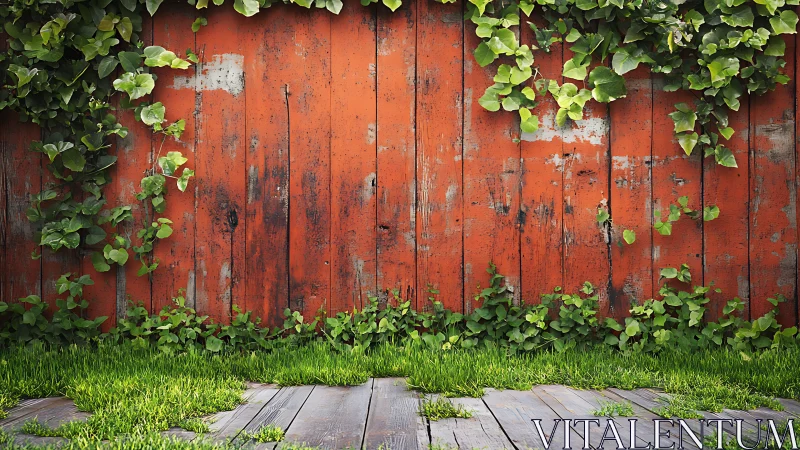 Weathered orange plank fence with creeping ivy coverage.