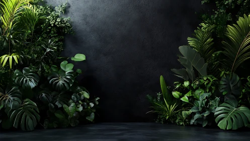 Lush tropical foliage framing dark textured wall composition.