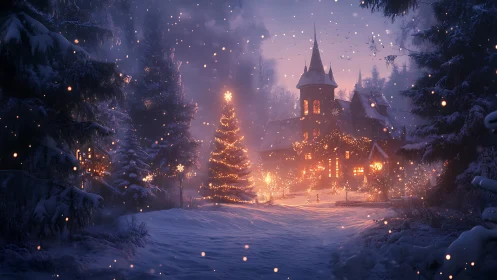 Winter forest cottage glowing with gentle holiday magic.