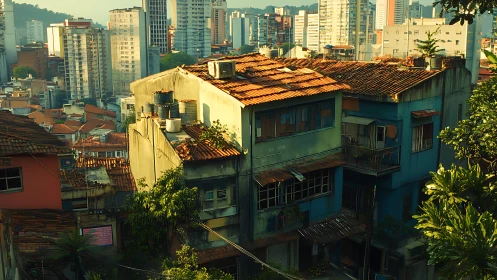 Sunlit hillside favela block against dense vertical skyline.