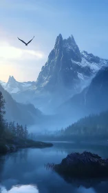 Solitary eagle glides above misty alpine spire at dawn