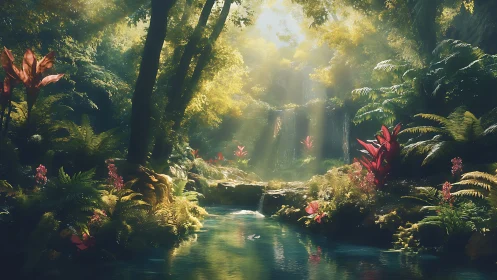 Luminous Jungle Ravine with Tropical Stream.