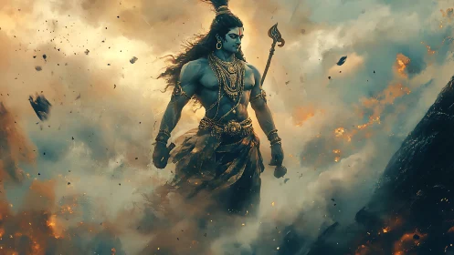 Storm-forged warrior strides through shattering heavenly fire