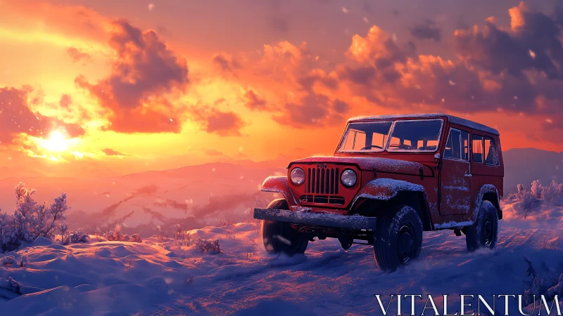 Snow-dusted red jeep greeting a blazing winter mountain sunrise.