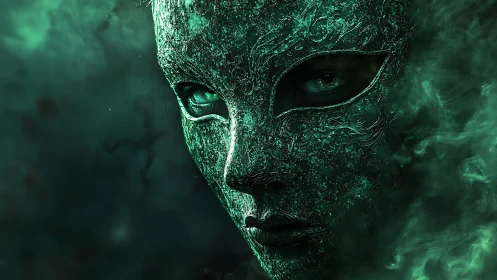Emerald mask of shadows gazes through swirling spectral mist.