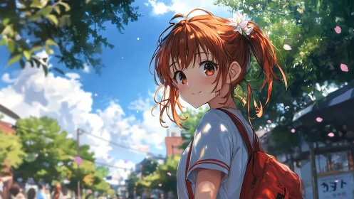 Sunlit street portrait of girl with red backpack walking.