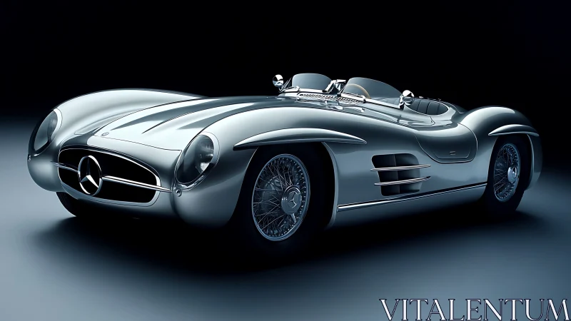 Photorealistic silver roadster in studio-grade side perspective.