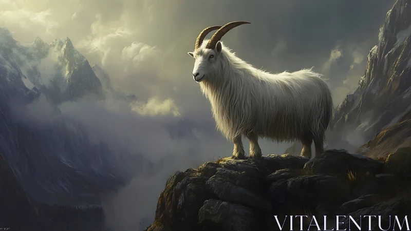 Mountain goat on stormlit cliff with dramatic alpine backdrop