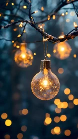 Forest branch cradling golden fairy light globes at dusk.