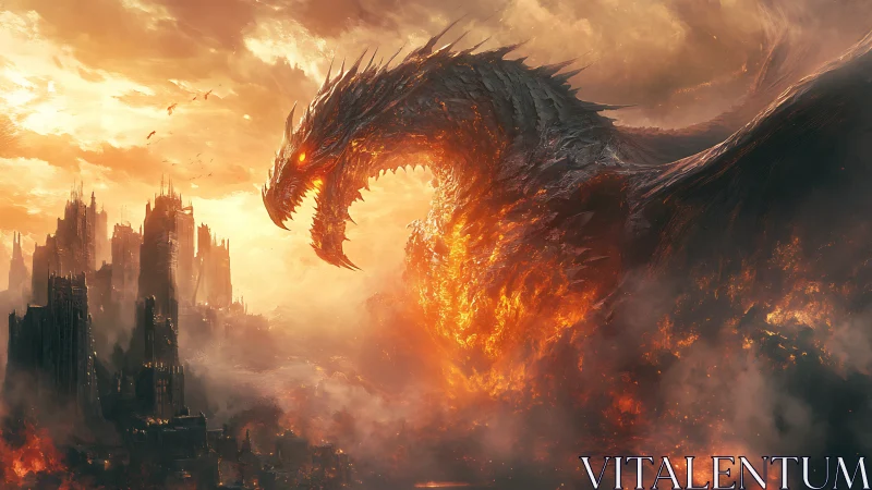 Infernal dragon engulfing a burning post‑apocalyptic cityscape.