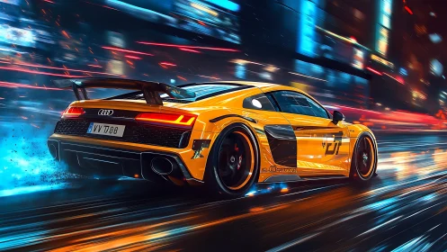 Yellow sports coupe on wet neon city street at night.